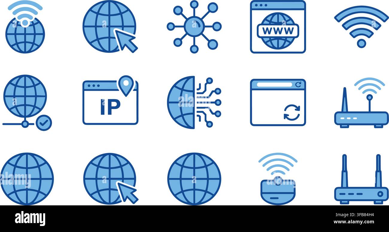Internet connectivity technology set blue linear icons for network communication digital data transmission systems. Stock Vector