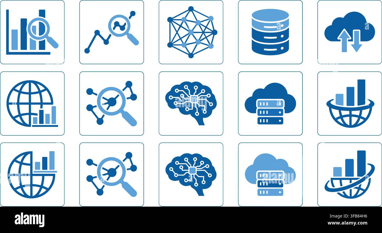 Digital analytics icons collection with blue network nodes and cloud computing symbols for tech and science projects. Stock Vector