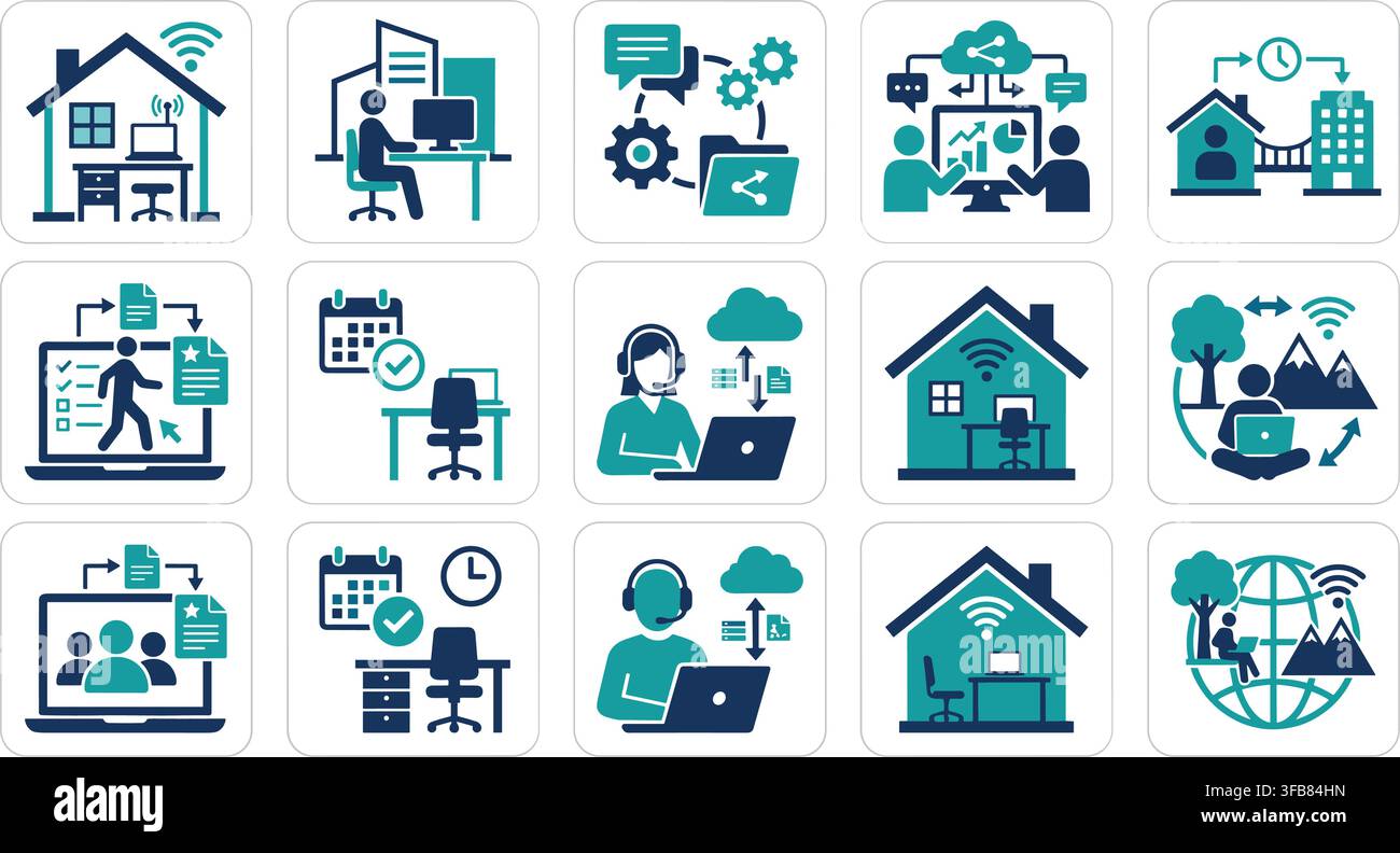 Remote work and home office icons with teal and blue designs illustrating digital communication online business setup. Stock Vector