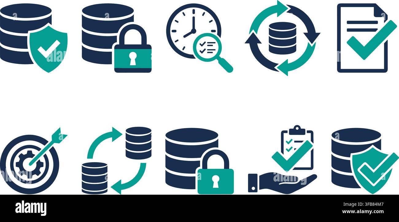 Secure database management and data center protection icons with teal security shield elements for IT projects. Stock Vector