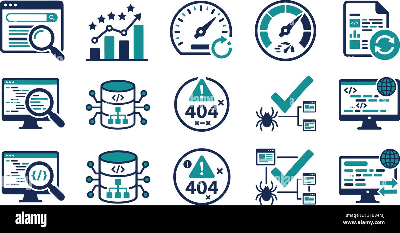 Web development and database diagnostics icons set with technical symbols for software engineering and IT analysis. Stock Vector