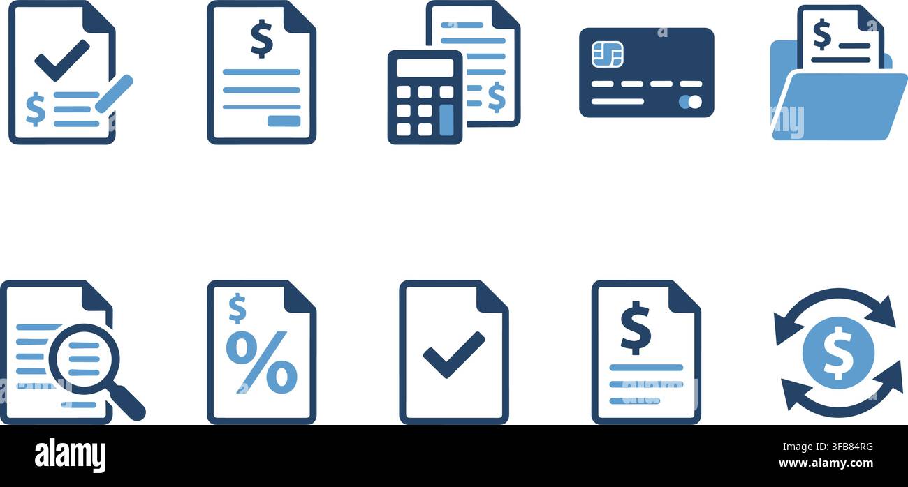 Finance accounting report icon set with blue document and currency symbols for modern banking and business auditing tasks. Stock Vector
