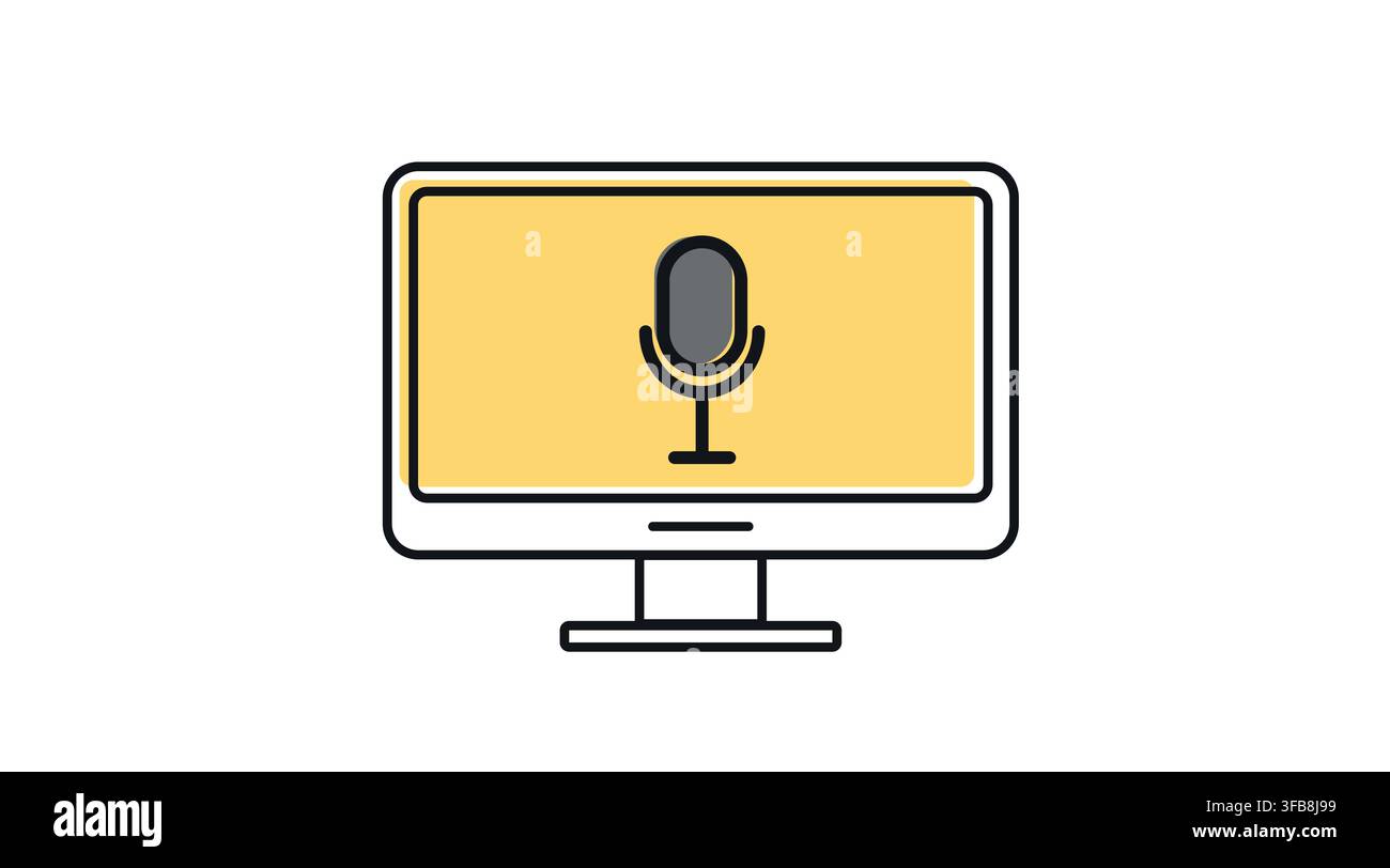 Desktop computer monitor with microphone symbol on screen vector icon. Black line art with offset fill style on white background. Stock Vector