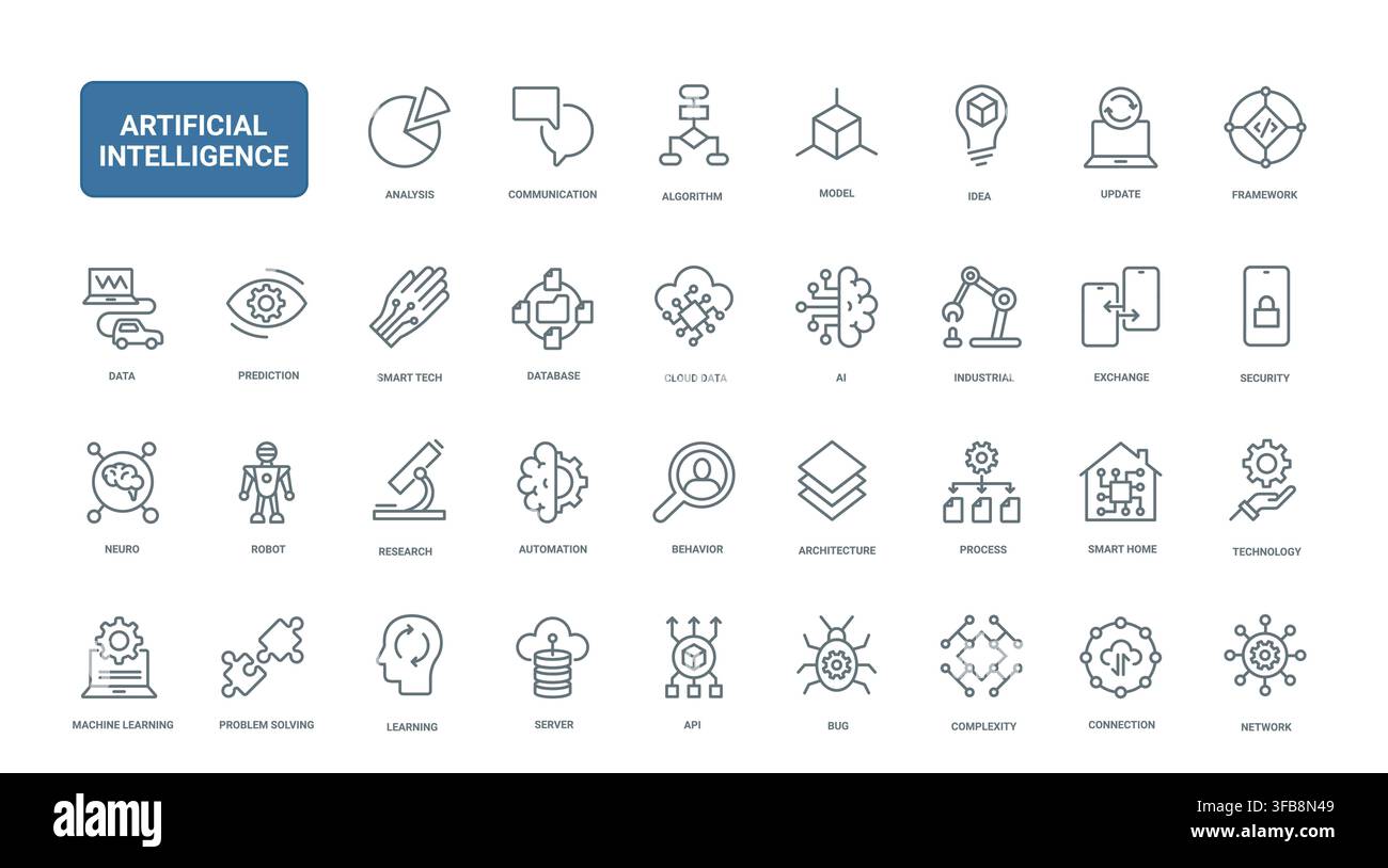 Artificial intelligence concepts for automation, machine learning, data systems and smart technology workflows across digital innovation projects black line icons set vector illustration Stock Vector