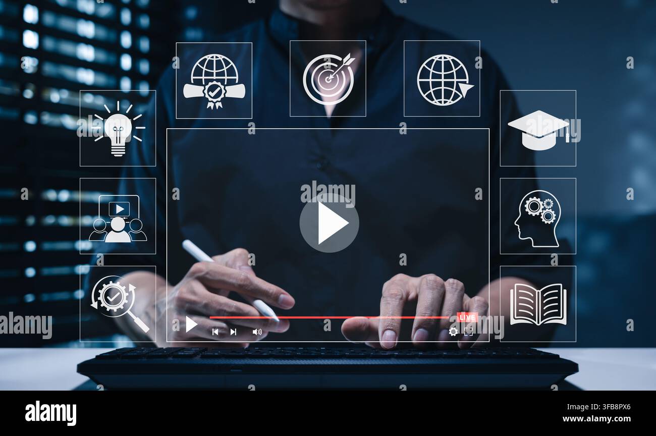 Online education and e-learning concept. Person using computer with icons representing online education, learning, knowledge sharing, educational tool Stock Photo