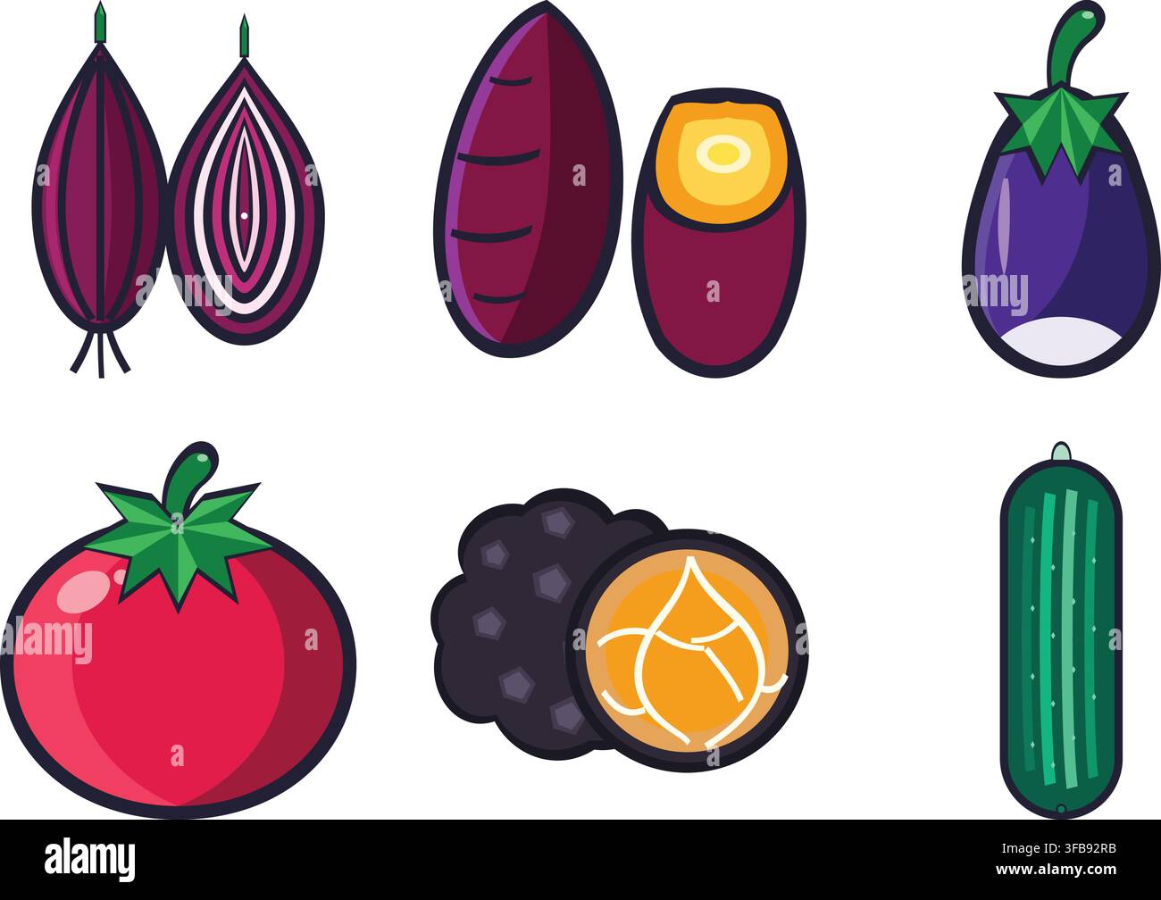 Set of flat vector icons featuring various fresh vegetables and fruits Stock Vector