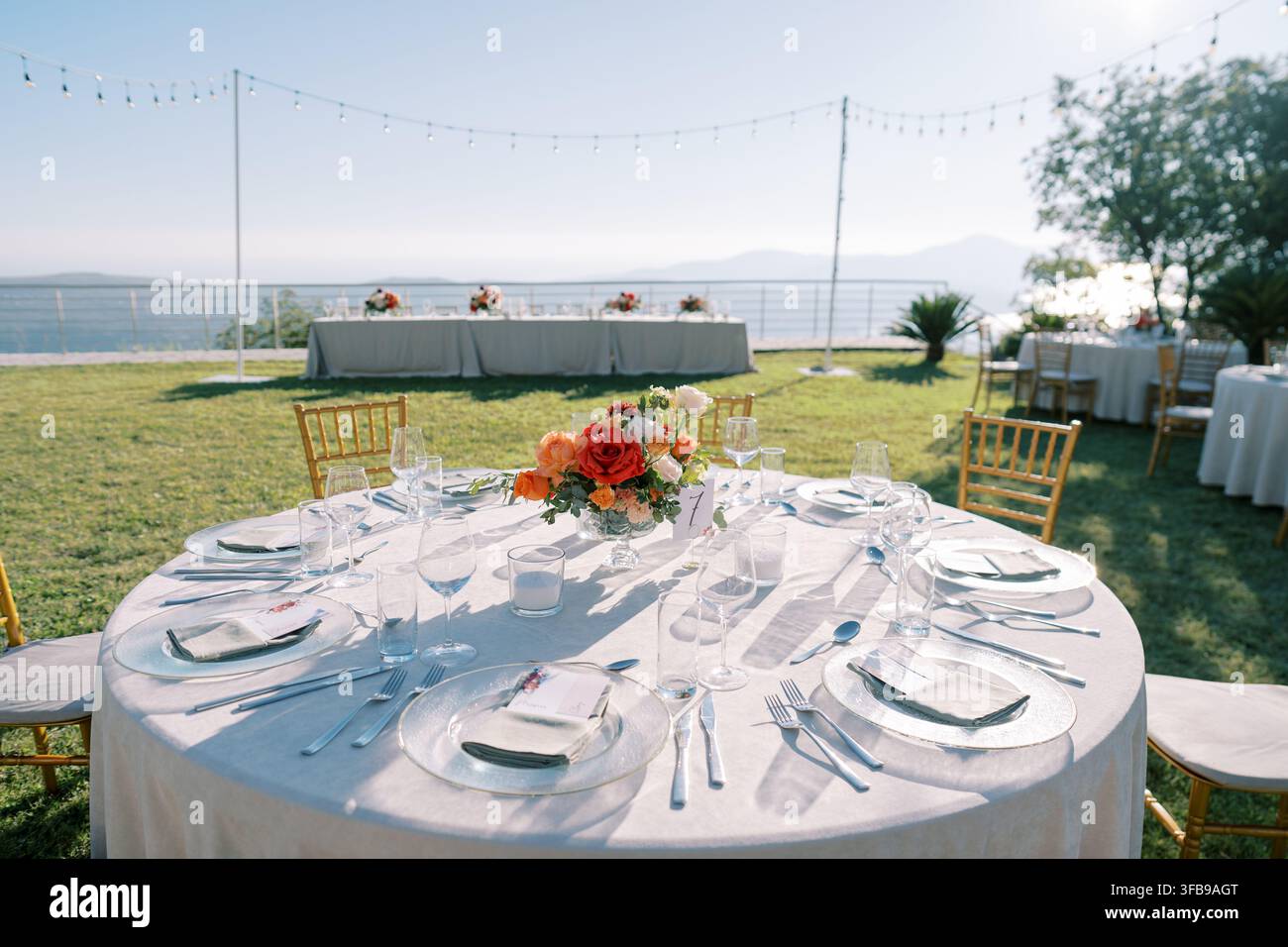 Elegant outdoor wedding reception table setup Stock Photo