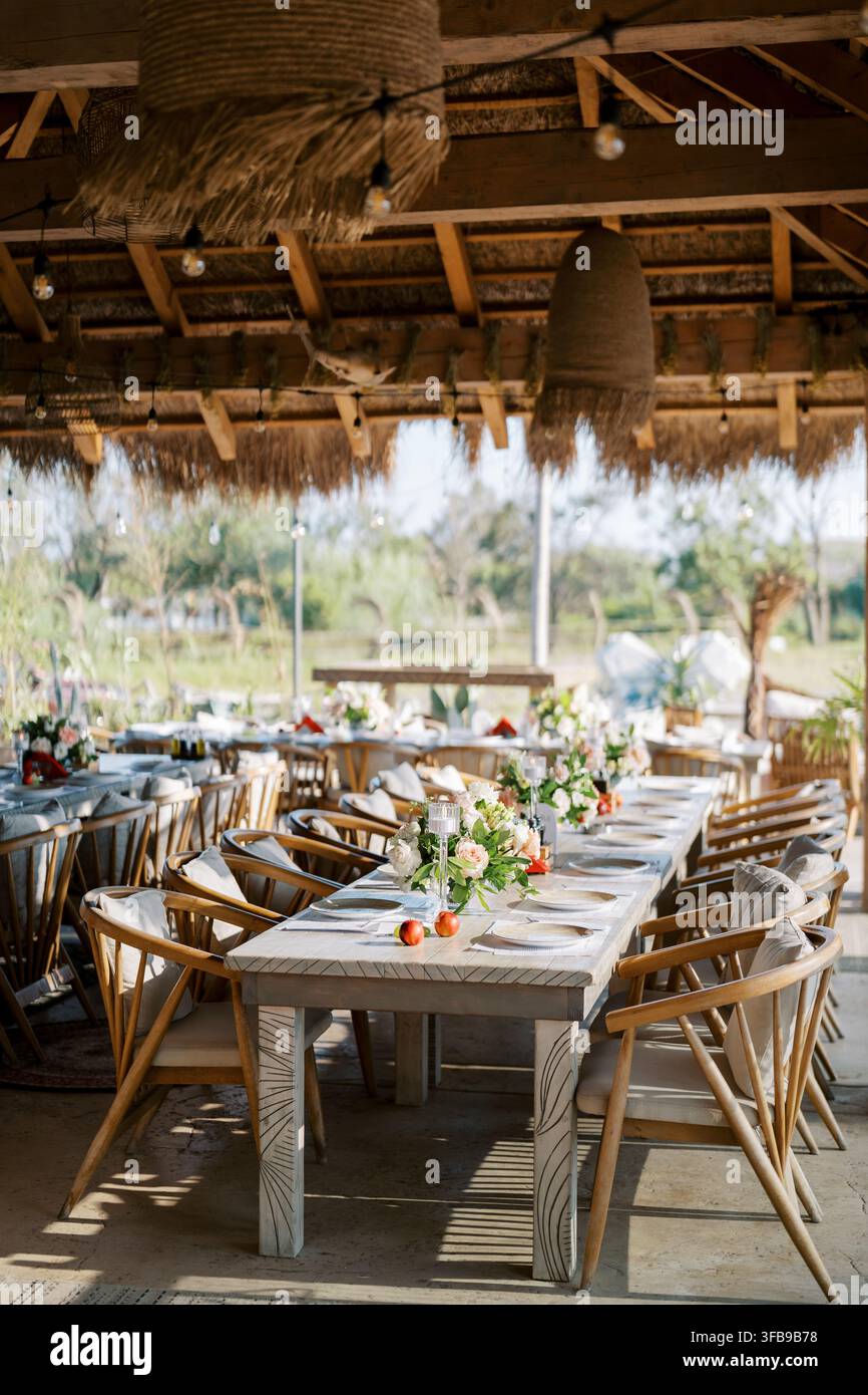 Elegant outdoor wedding reception table setting Stock Photo