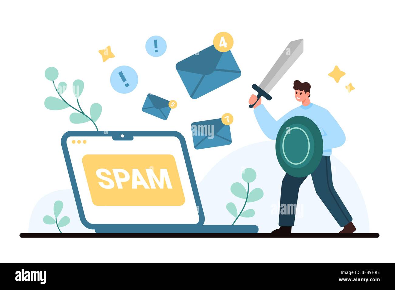 Laptop screen shows spam folder while a man with shield and sword blocks suspicious email messages, alerts and inbox threats, isolated on white background vector illustration Stock Vector