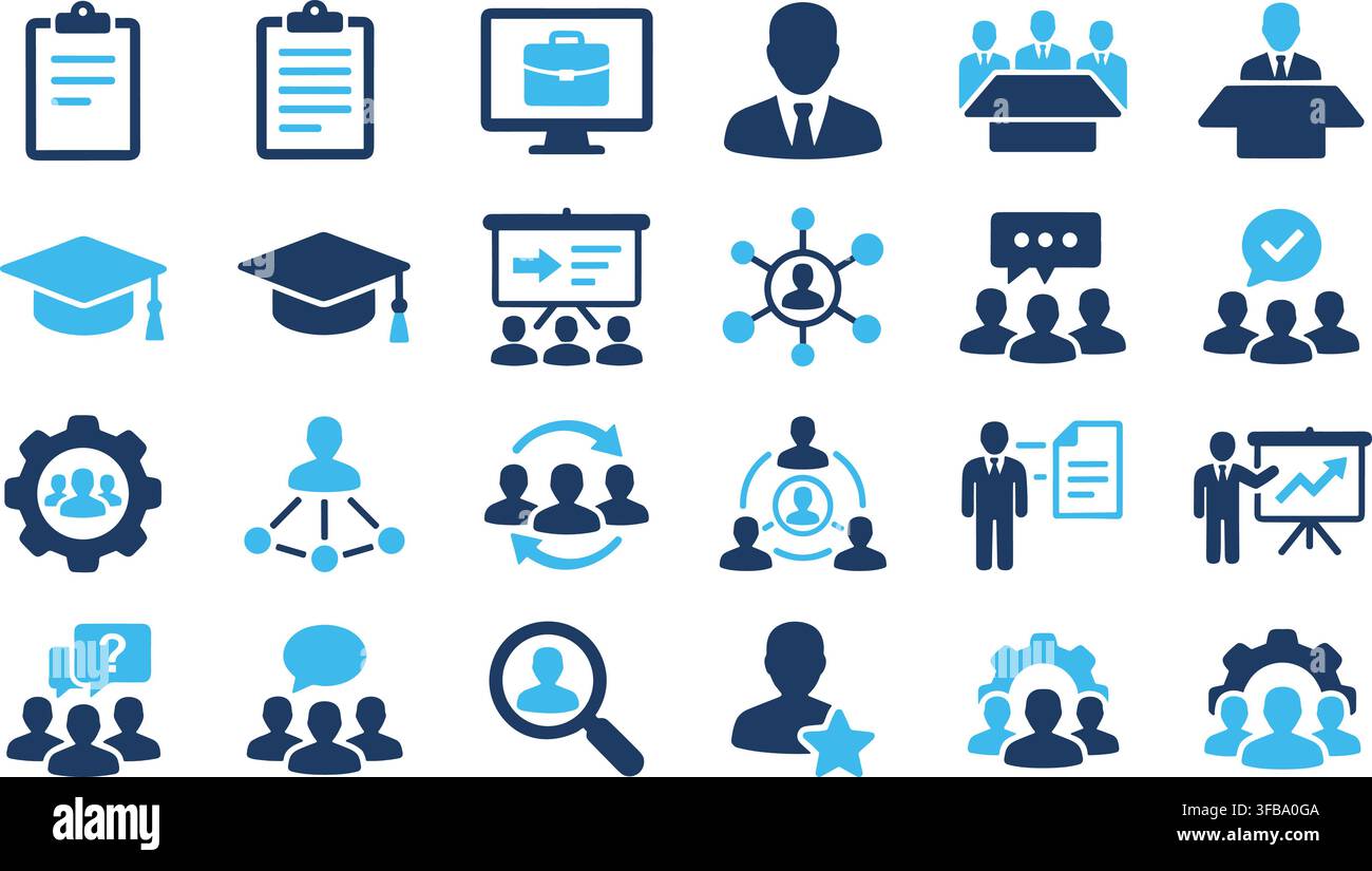 Human resource management and team collaboration blue vector icons displaying executive hierarchy structures. Stock Vector