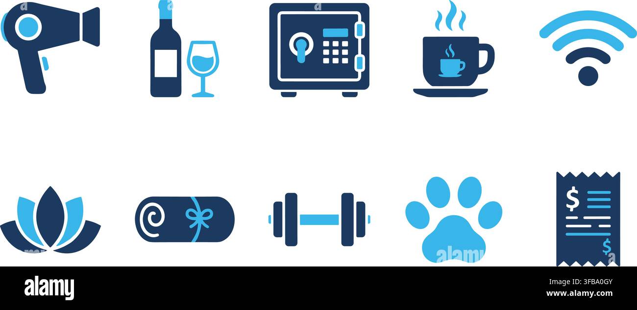 Hotel amenities icons in blue and dark blue colors for guest service information and lodging facilities. Stock Vector