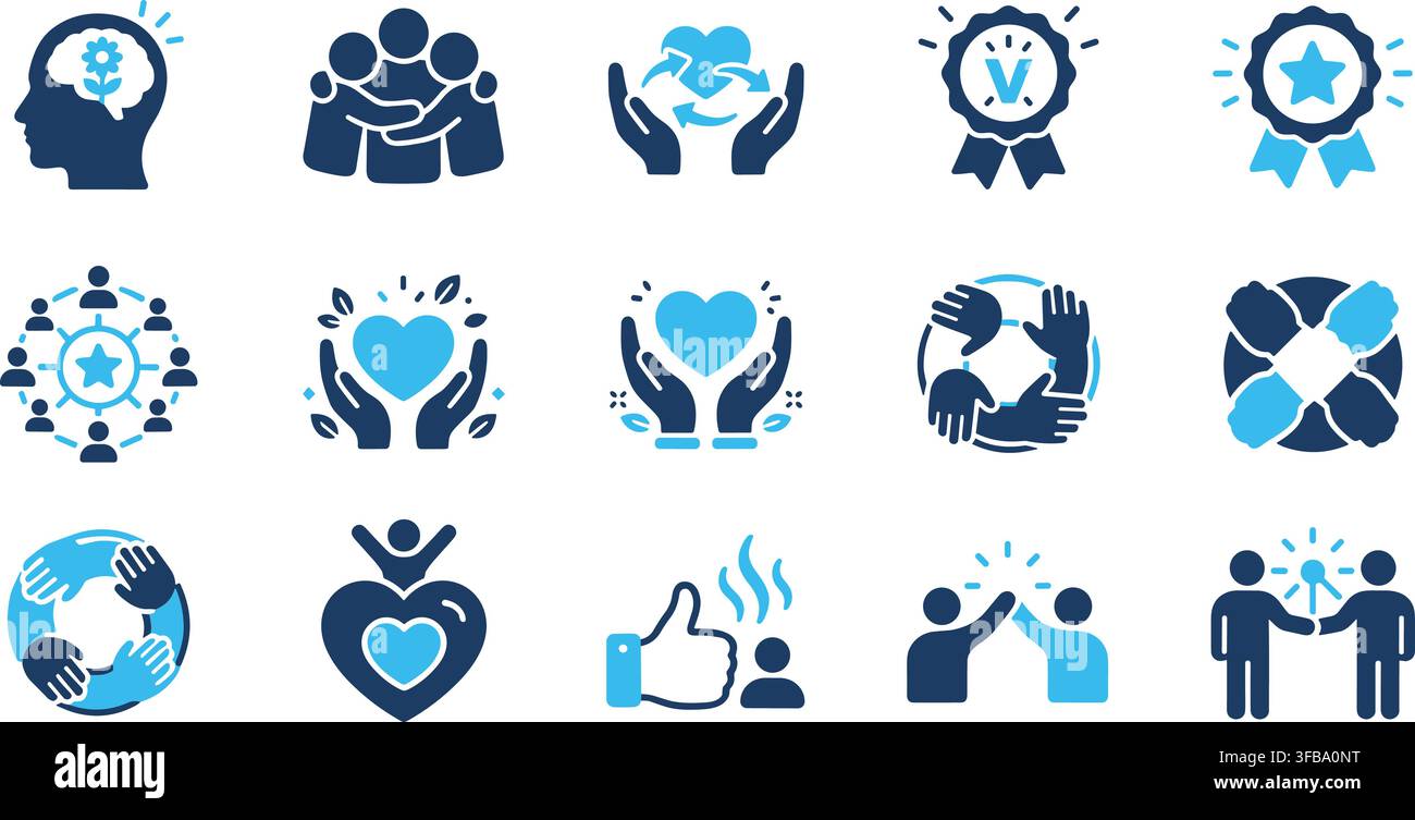 Community and partnership icon set with blue symbols for teamwork support volunteering and social care work. Stock Vector
