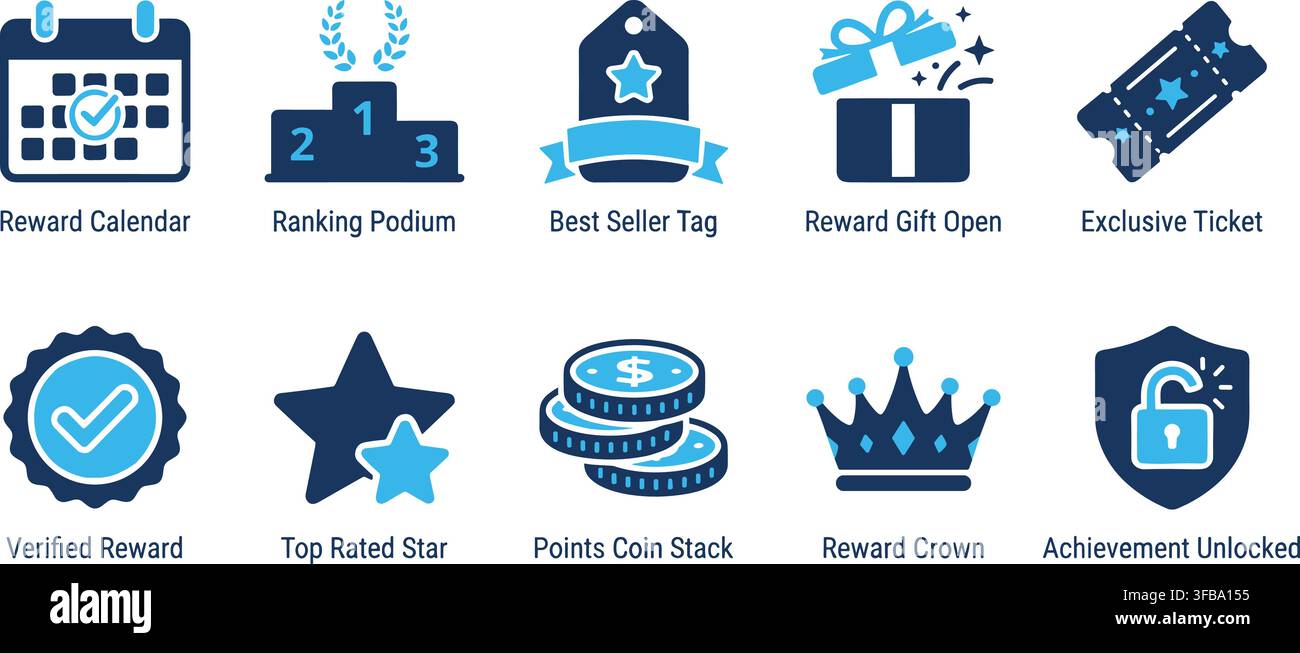 Loyalty program reward elements and gamification badges in blue colors for user engagement interfaces. Stock Vector