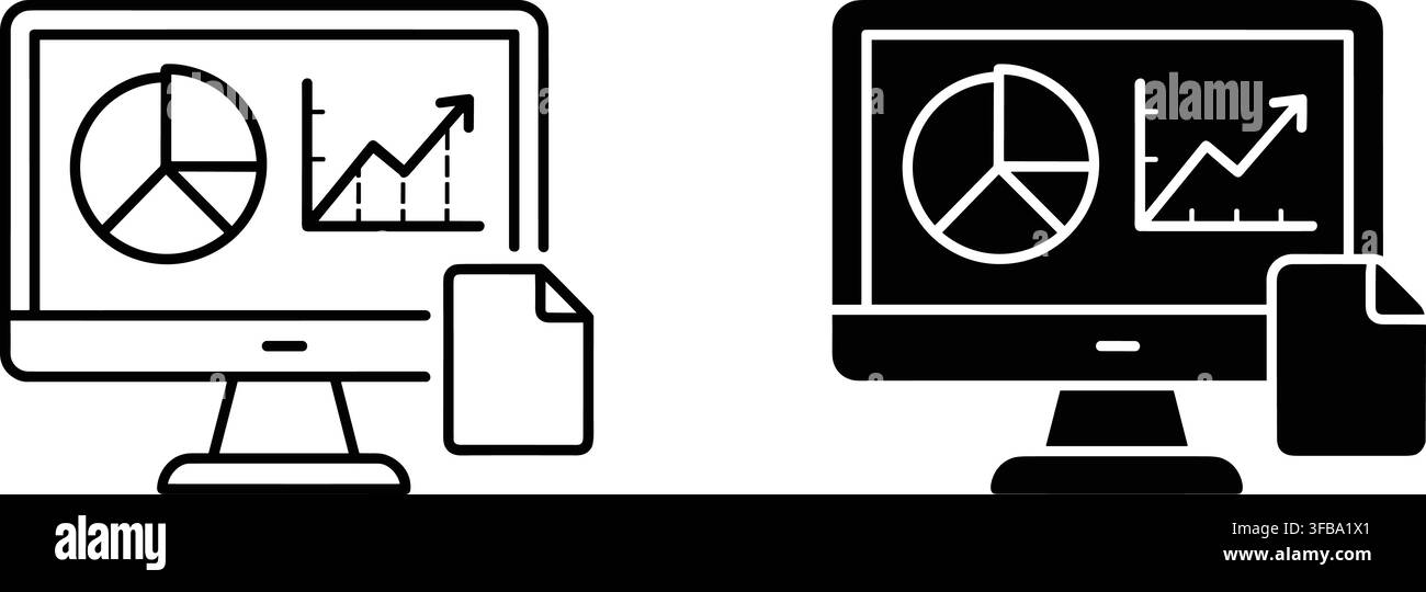 Desktop computer screen icons featuring analytical charts and graphs for business financial data analysis. Stock Vector
