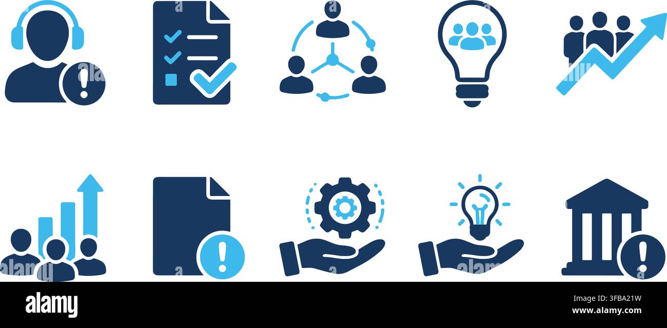 Professional blue corporate business icon set featuring support tasks and creative development process. Stock Vector