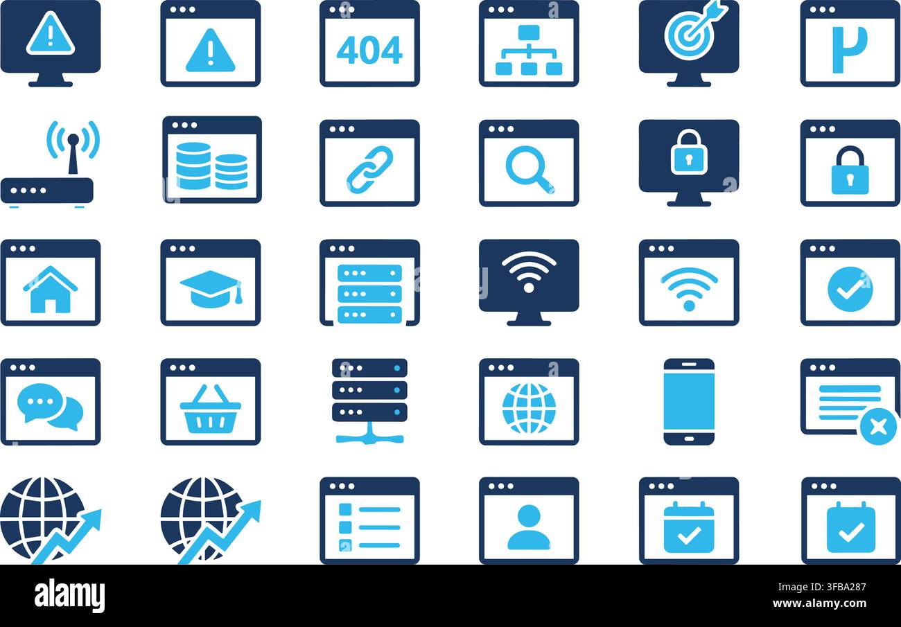 Modern web development and internet security vector icons illustrating database systems and network design. Stock Vector