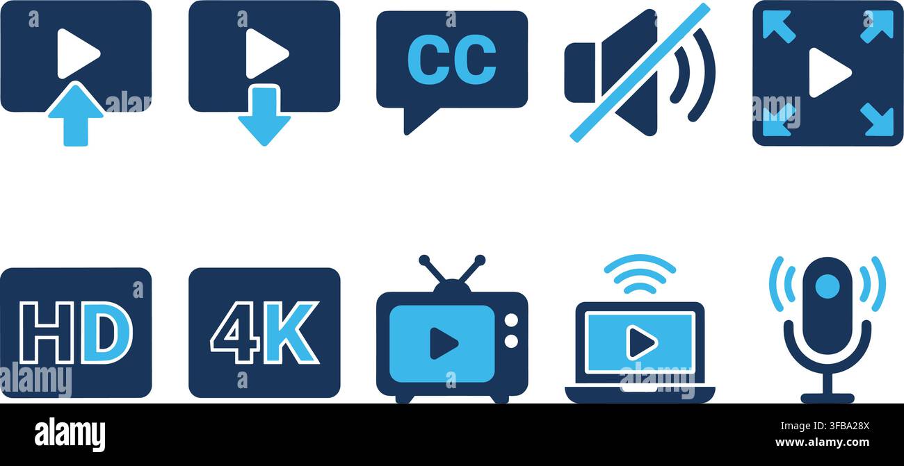 Video player interface icons set blue control button symbols for media application design streaming platform. Stock Vector