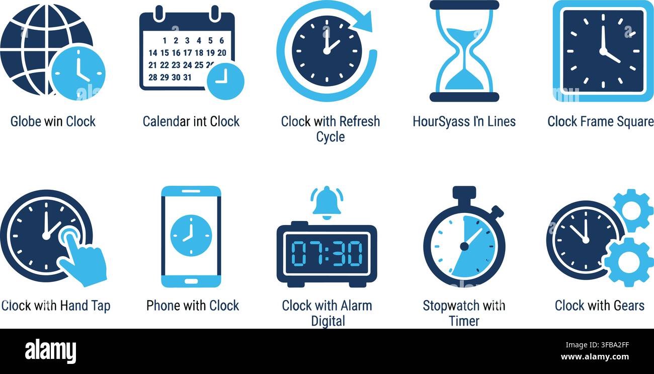 Time related icons in dark blue and light blue featuring clocks, calendars, and other temporal objects. Stock Vector