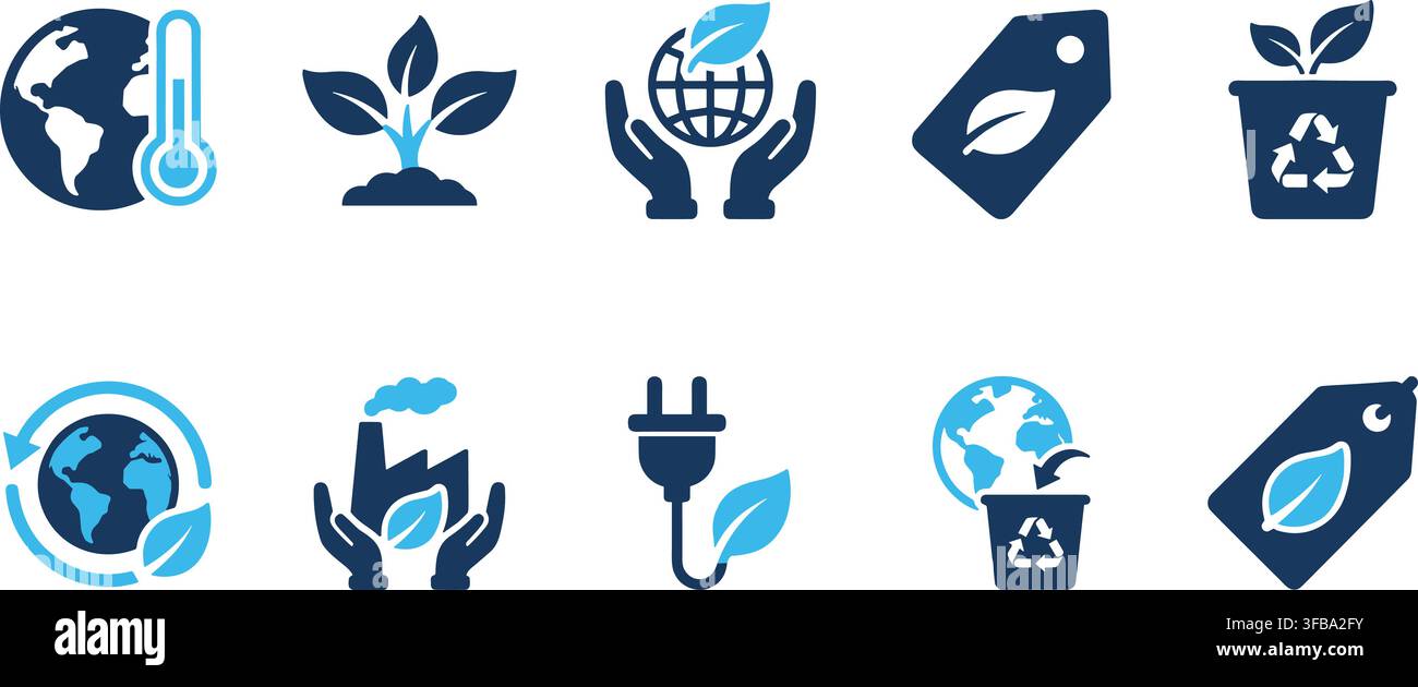 Global climate change and environmental icons set featuring eco sustainability and power saving solutions. Stock Vector