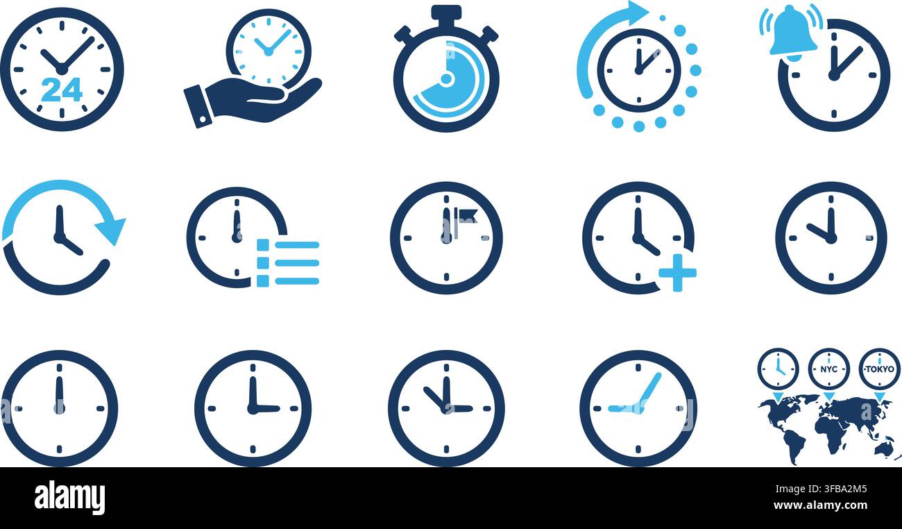 Time management and clock vector icons collection displaying temporal scheduling and countdown elements. Stock Vector