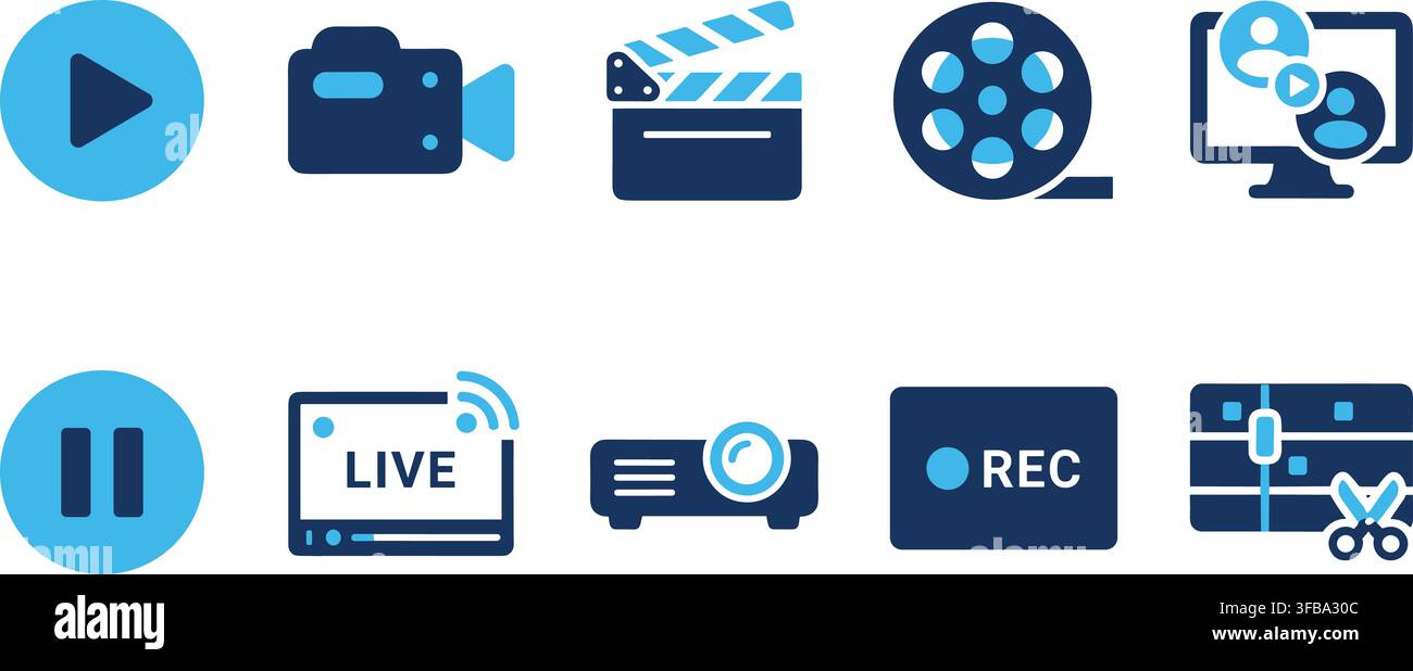 Video production icons collection with blue camera and film elements for cinema editing and digital creative. Stock Vector