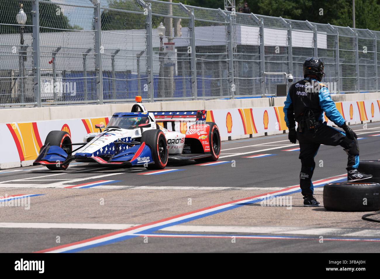 Rinus VeeKay (76) of the Netherlands moves down pit lane during a pit ...