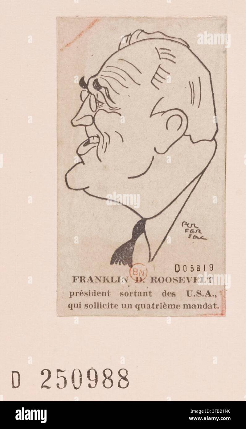 A caricature of Franklin D. Roosevelt, the 32nd President of the United States, who served from 1933 to 1945 and is known for being the only president to be elected to four terms. Stock Photo