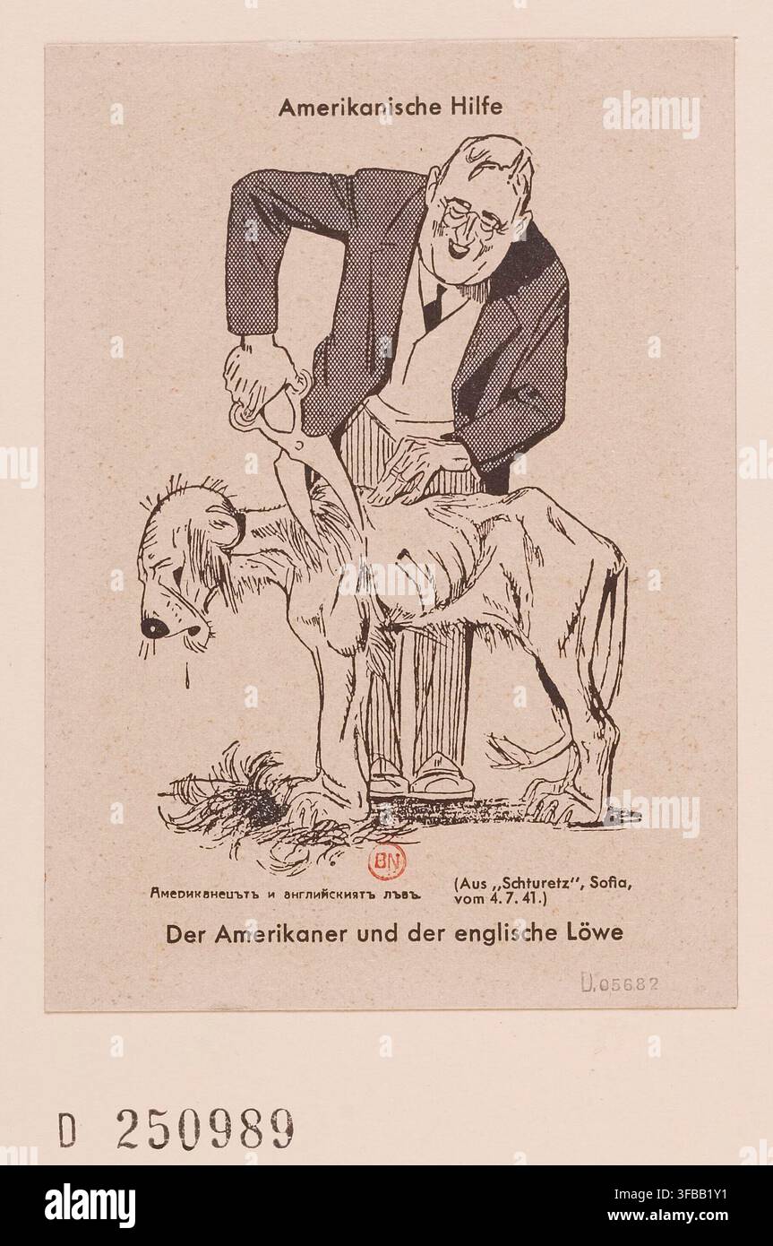 A cartoon presenting an American helping an English lion, with the title "Amerikanische Hilfe" (American Help) and "Der Amerikaner und der englische Löwe" (The American and the English Lion), published in "Schturetz", Sofia, on July 4, 1941, as part of a collection of portraits of Franklin Delano Roosevelt, the 32nd President of the United States. Stock Photo
