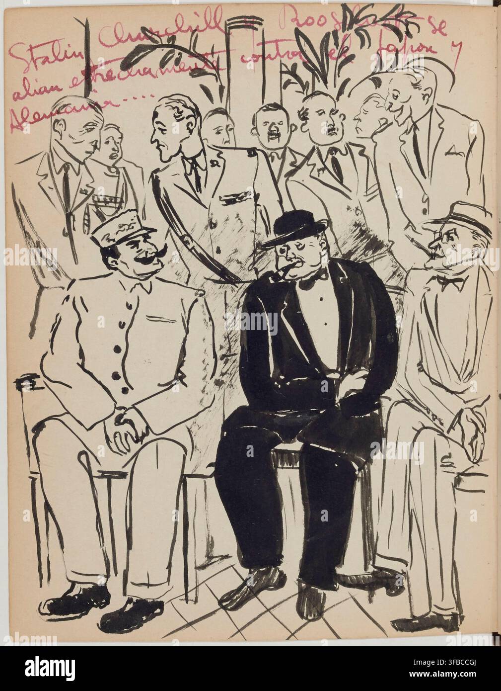 A 1944 drawing presenting Joseph Stalin, Winston Churchill, and Franklin D. Roosevelt together, in opposition to Adolf Hitler and Germany, with a group of men in various uniforms and suits seated and standing together. Stock Photo
