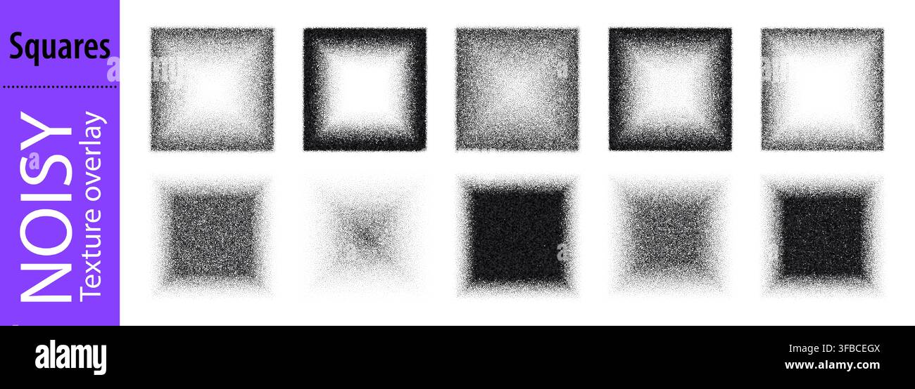 Noisy granular square shape and white sand spray, pointed gradient effect. Black shadow texture, brush pattern with vector gradation. Grunge stipple Stock Vector