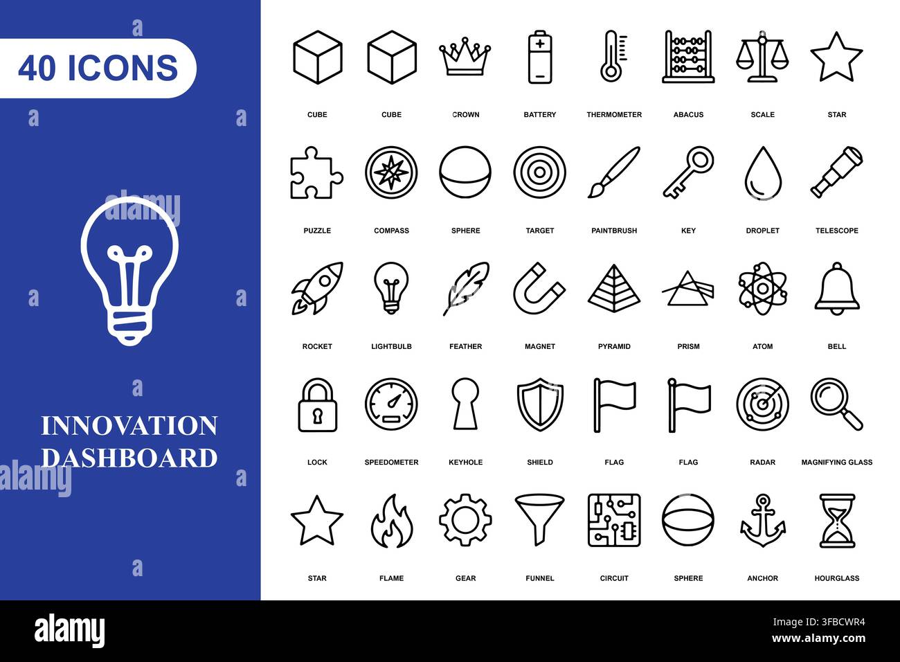A collection of forty thin line icons representing business innovation, strategy, and creative development concepts. Stock Vector