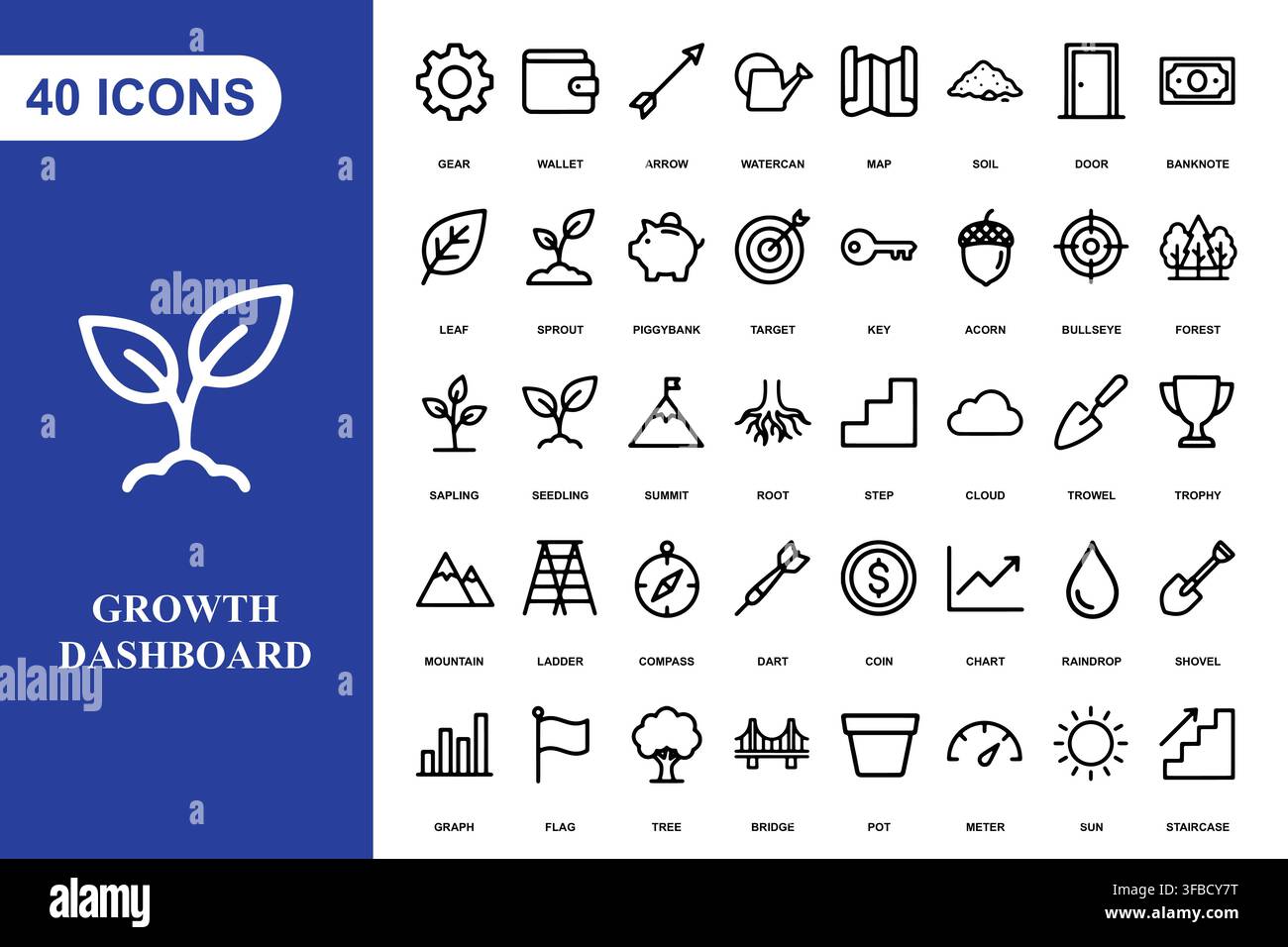A collection of forty outline icons representing growth, business development, and nature themes. Stock Vector