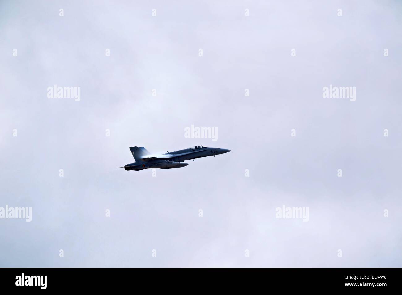 Military jet flying in cloudy sky. Stock Photo