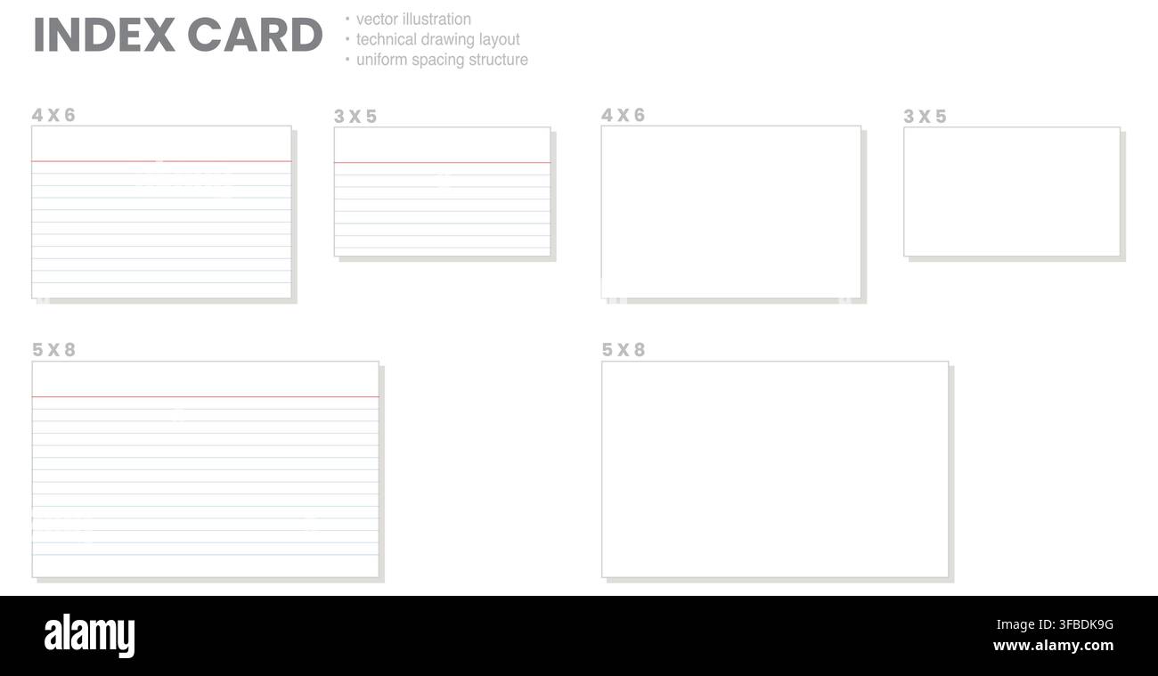 white labeled cards with ruled and blank faces plus gray shadows. Suitable for flashcards study notes filing labels printable inserts organization projects planning reference materials Stock Vector