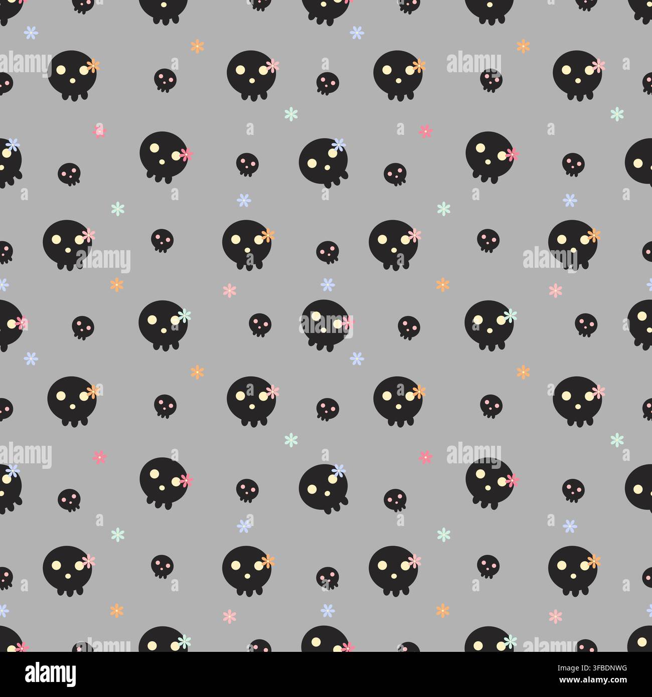 Cute seamless pattern with black skulls and tiny pastel flowers on a gray background. Modern spooky design with kawaii gothic character for Halloween, Stock Vector