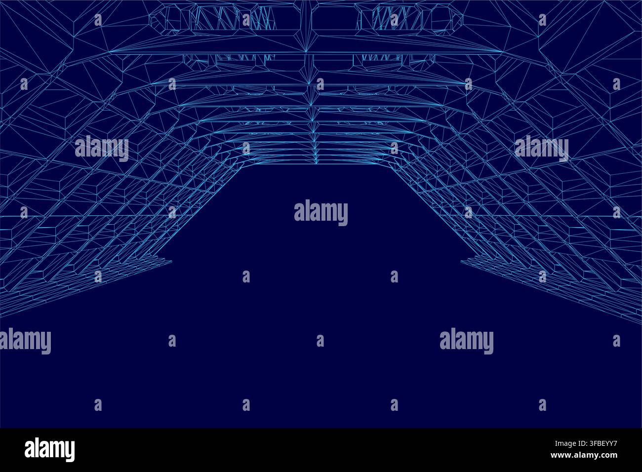 A brutalist interior room blueprint features a stark 3D wireframe model against a solid blue background. Stock Vector