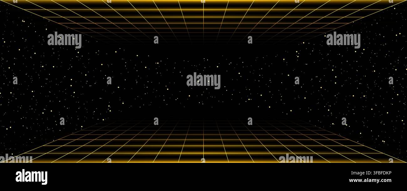 Grid box perspective 3d perspective digital background with space in gold style. Cyberspace wireframe laser mesh virtual reality metaverse abstract. V Stock Vector