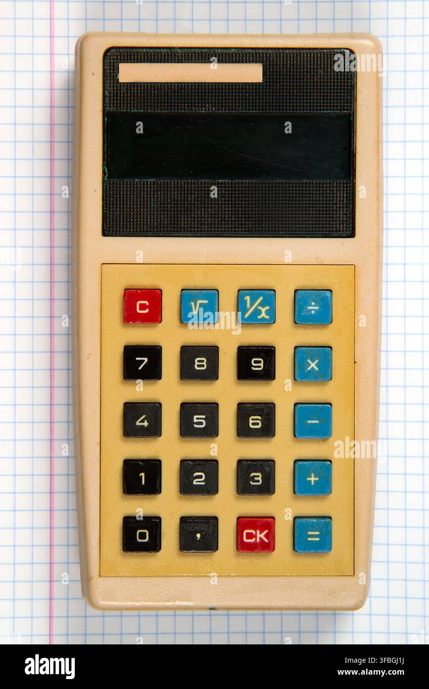 Old electronic calculator close-up. Stock Photo