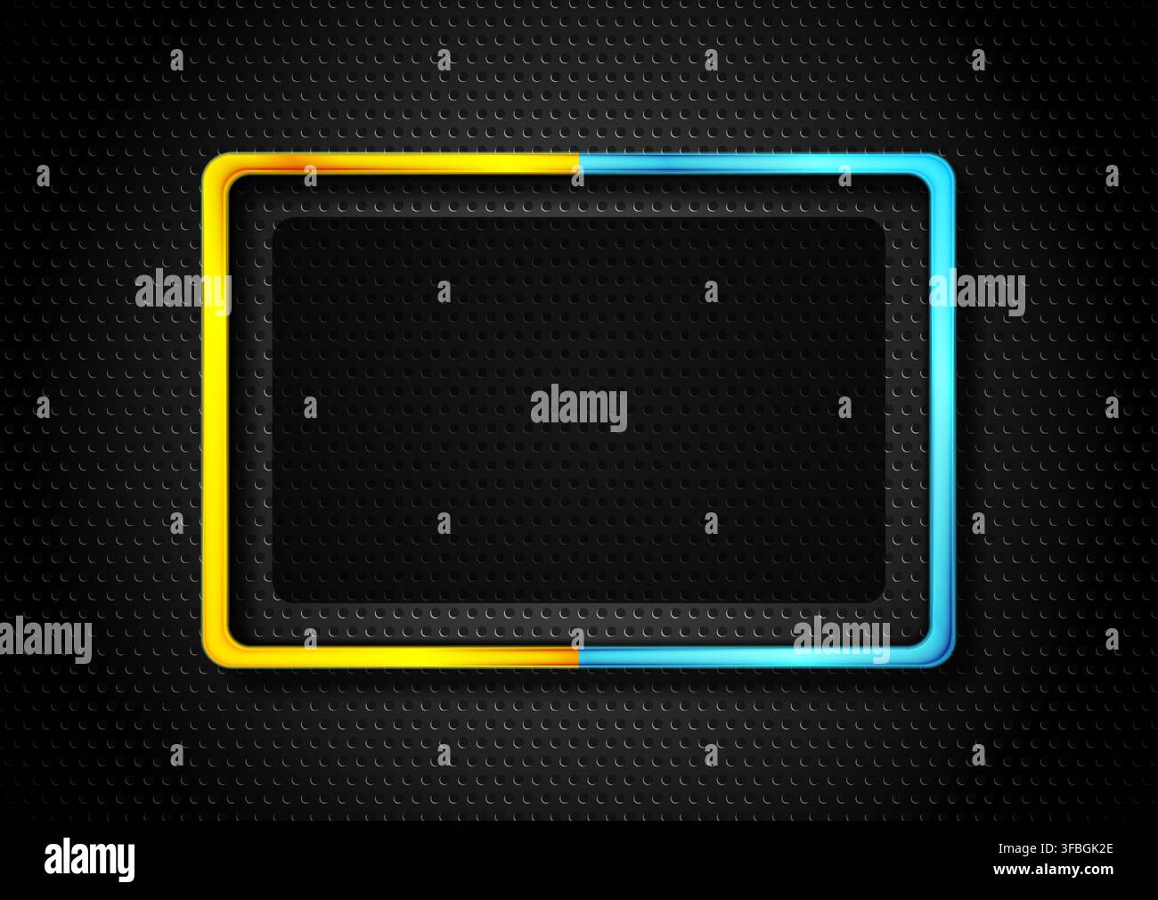 Black perforated background with blue yellow glossy rectangle frame. Geometric tech vector design Stock Vector