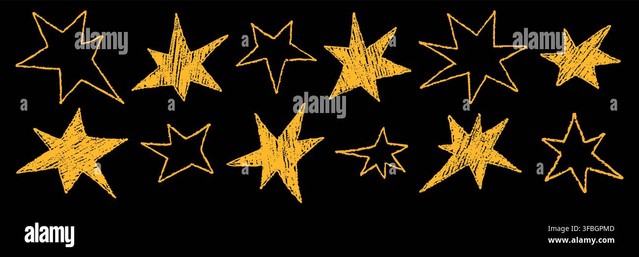 Chalk abstract simple star elements. Scrapbook vector yellow icons. Stock Vector