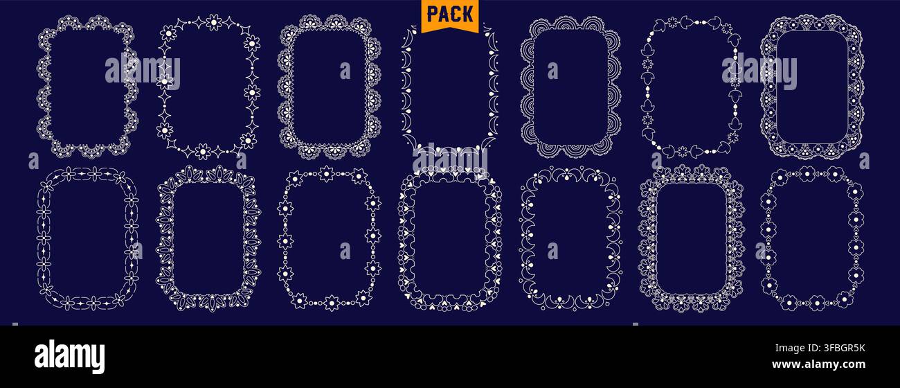 Pack with different seamless lace scalloped rectangle frames. Stock Vector