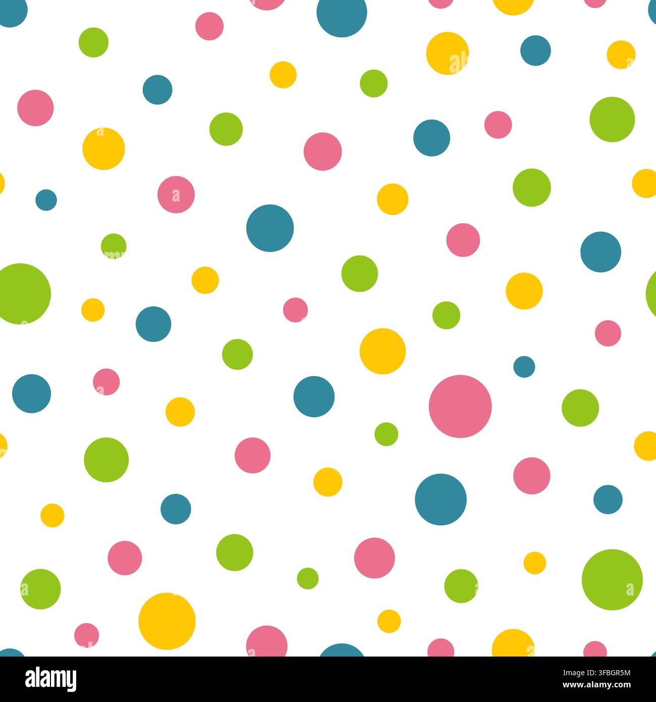 Colorful seamless polka dot pattern. Playful background with pink, blue, green and yellow circles in different sizes. Vector design for birthday party Stock Vector