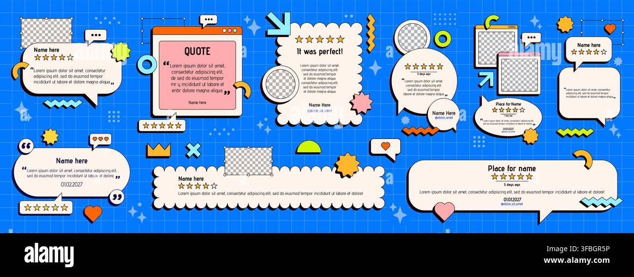 Pack with different size testimony layouts drawn in neo brutalism style. Story, post and web banner size. Stock Vector