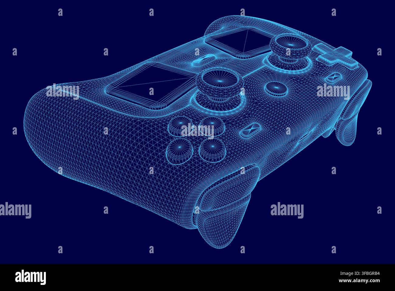A 3D wireframe model of a video game controller floats against a solid blue background, showcasing its console design and digital structure. Stock Vector