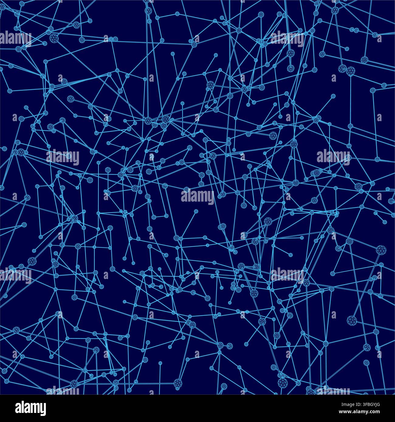 A molecular wireframe model with connected lines and dots forms a complex network on a blue background. Stock Vector