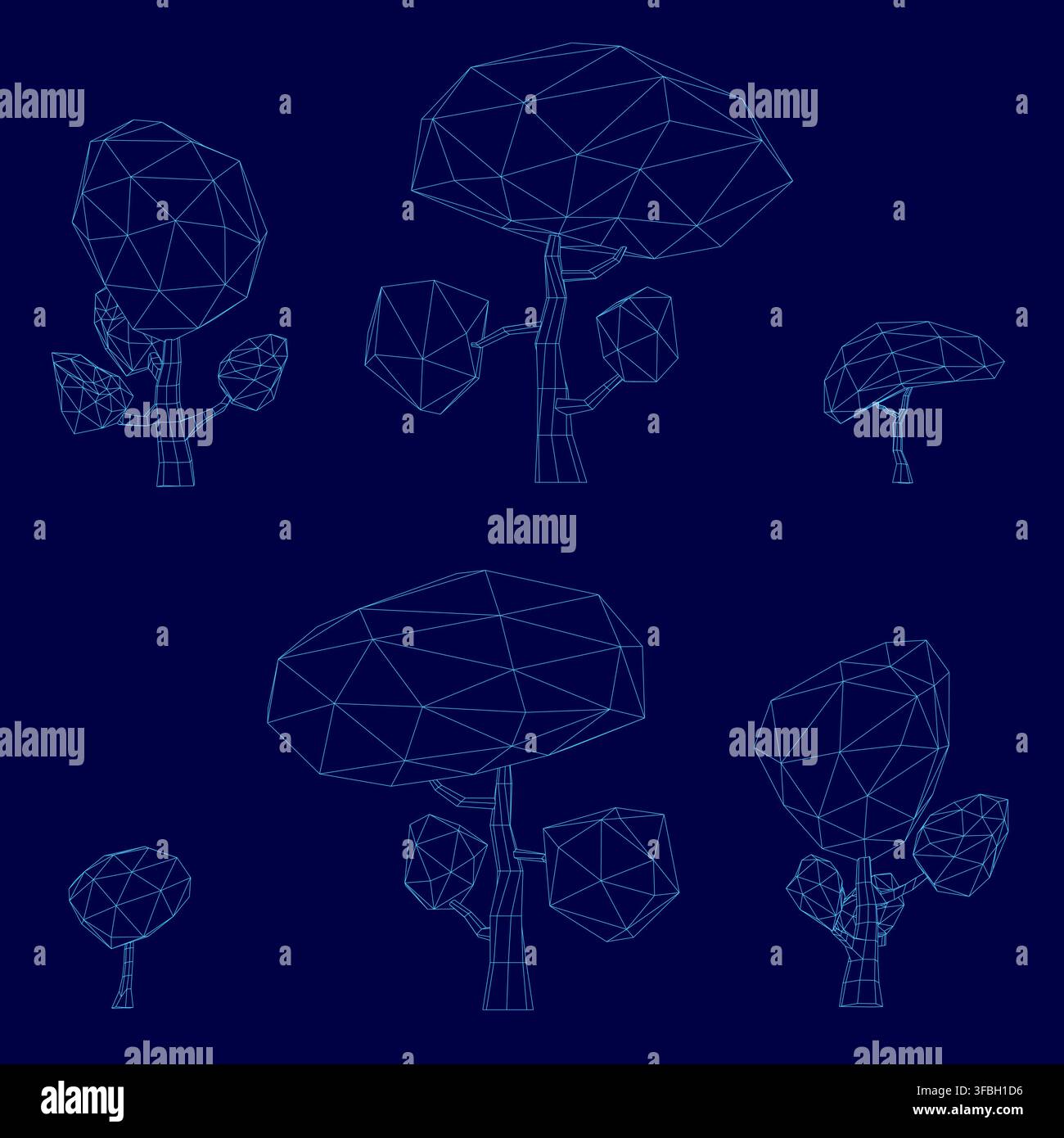 Low poly wireframe trees form a symmetrical collection on a solid blue background. Each tree features a distinct geometric shape and texture for contr Stock Vector