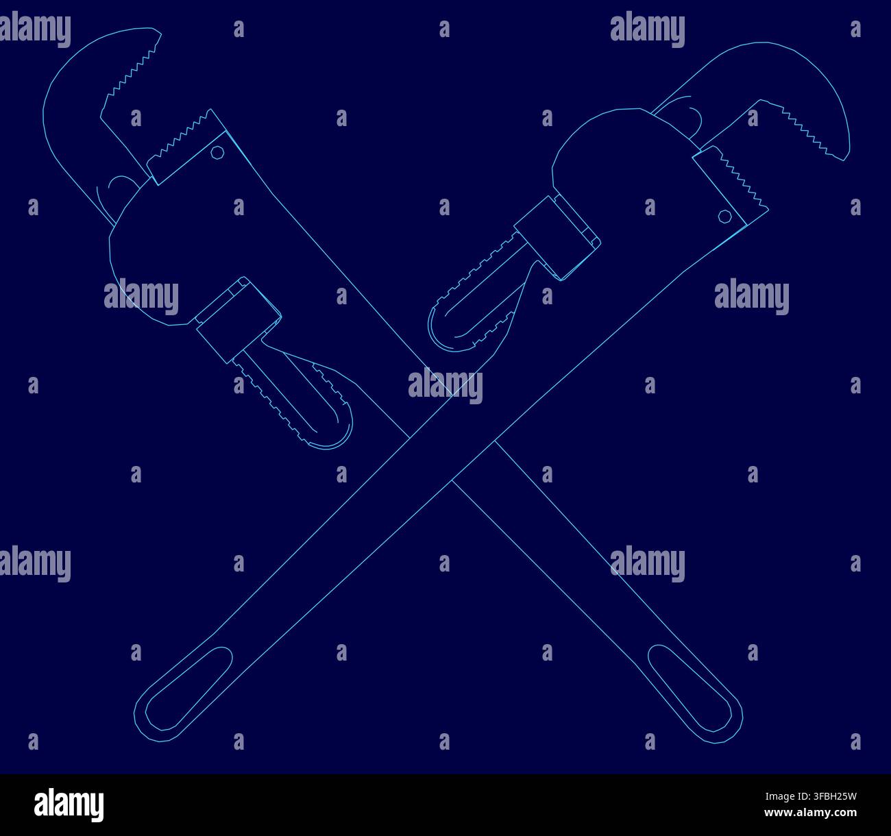 Two vintage adjustable pipe wrenches are crossed on a stark blue background. Their detailed contours and textured handles create a classic industrial Stock Vector