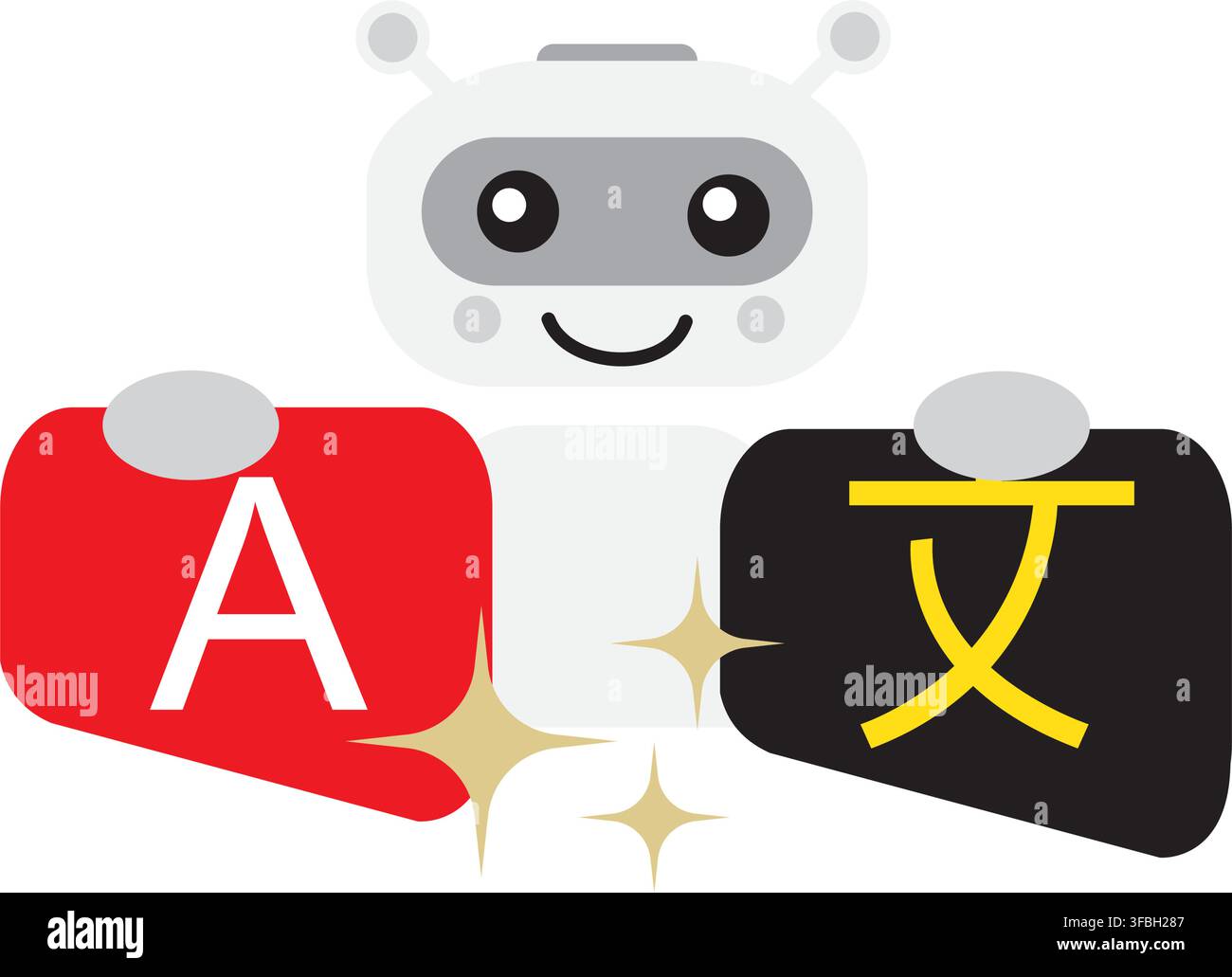 Cute Robot Translator AI Icon with Language Conversion Cards Vector Illustration Stock Vector