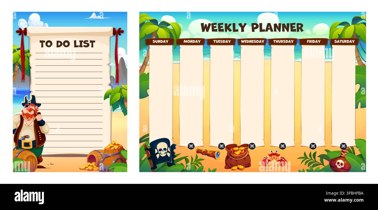 To do list paper task planning memo note and weekly planner schedule with funny pirate and treasures. Calendar pad, check list or journal template with corsair character on tropical island beach Stock Vector
