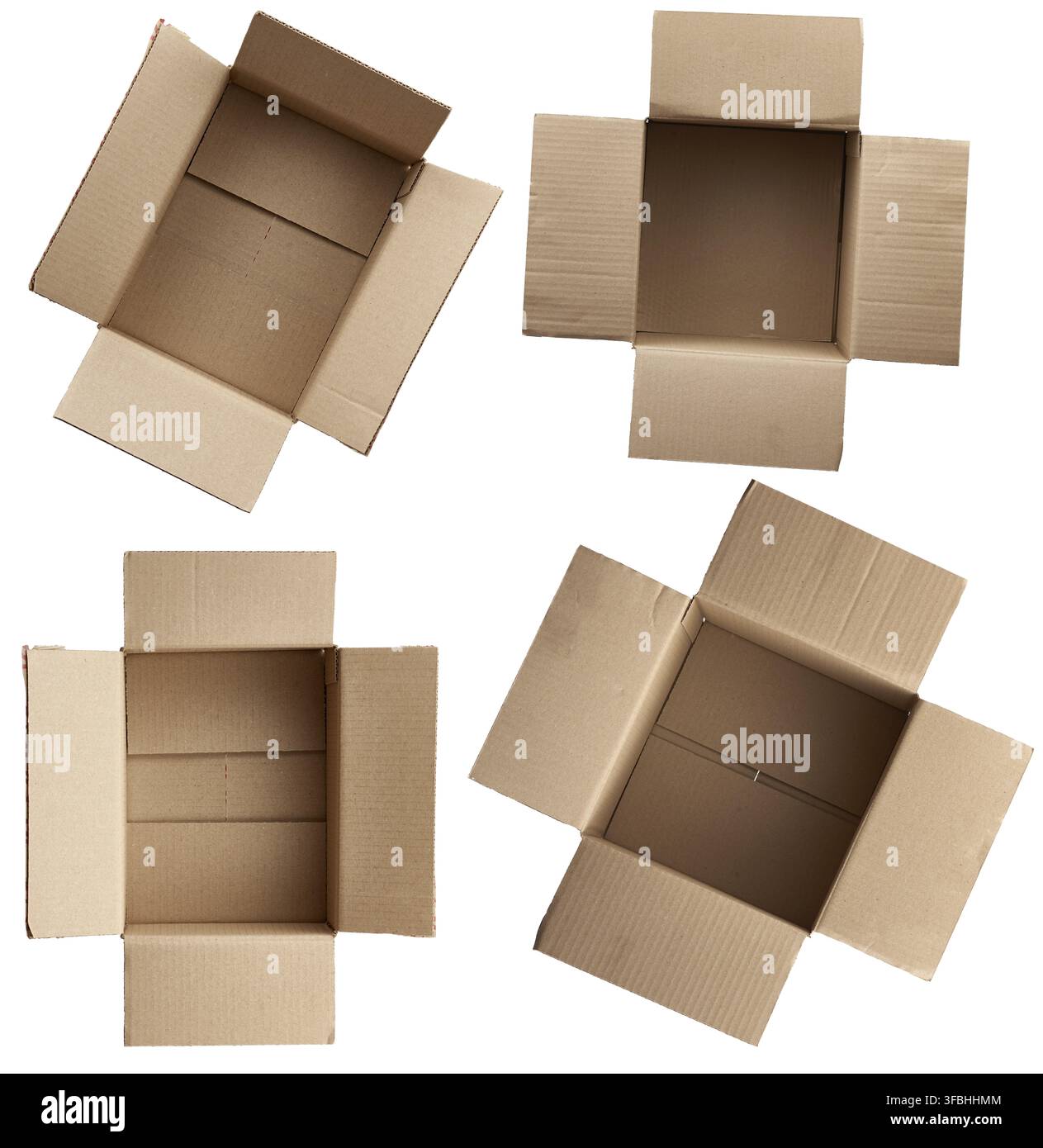 Open empty brown rectangular and square cardboard boxes for transporting goods isolated on white background. Packaging design Stock Photo